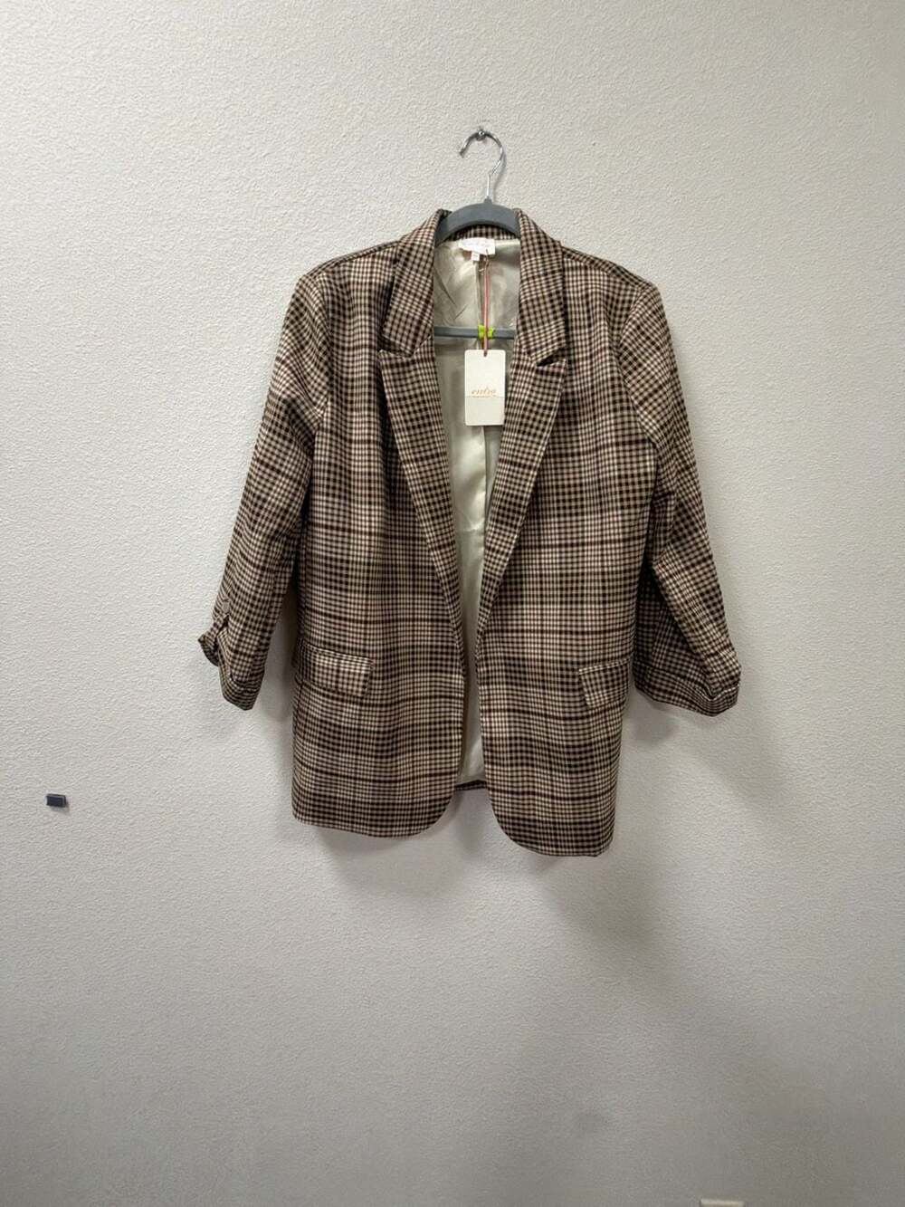 Entro Plaid Blazer Size M Brown Houndstooth Long Sleeve Open Front